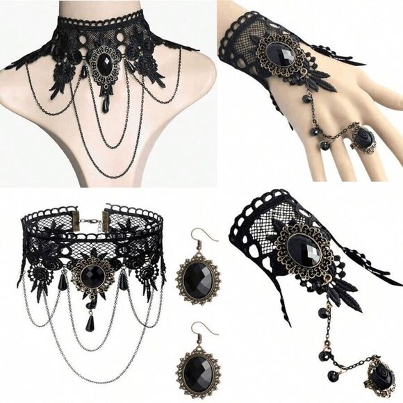 3PCS Gothic Victorian Vintage Retro Halloween Costume Black Accessories Set NEW - Picture 2 of 16